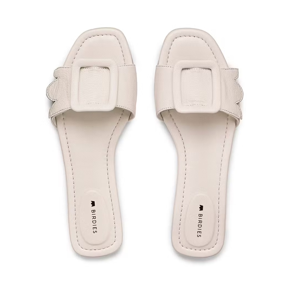 Birdies Kiwi Leather Slide Buckle Sandal in Bone